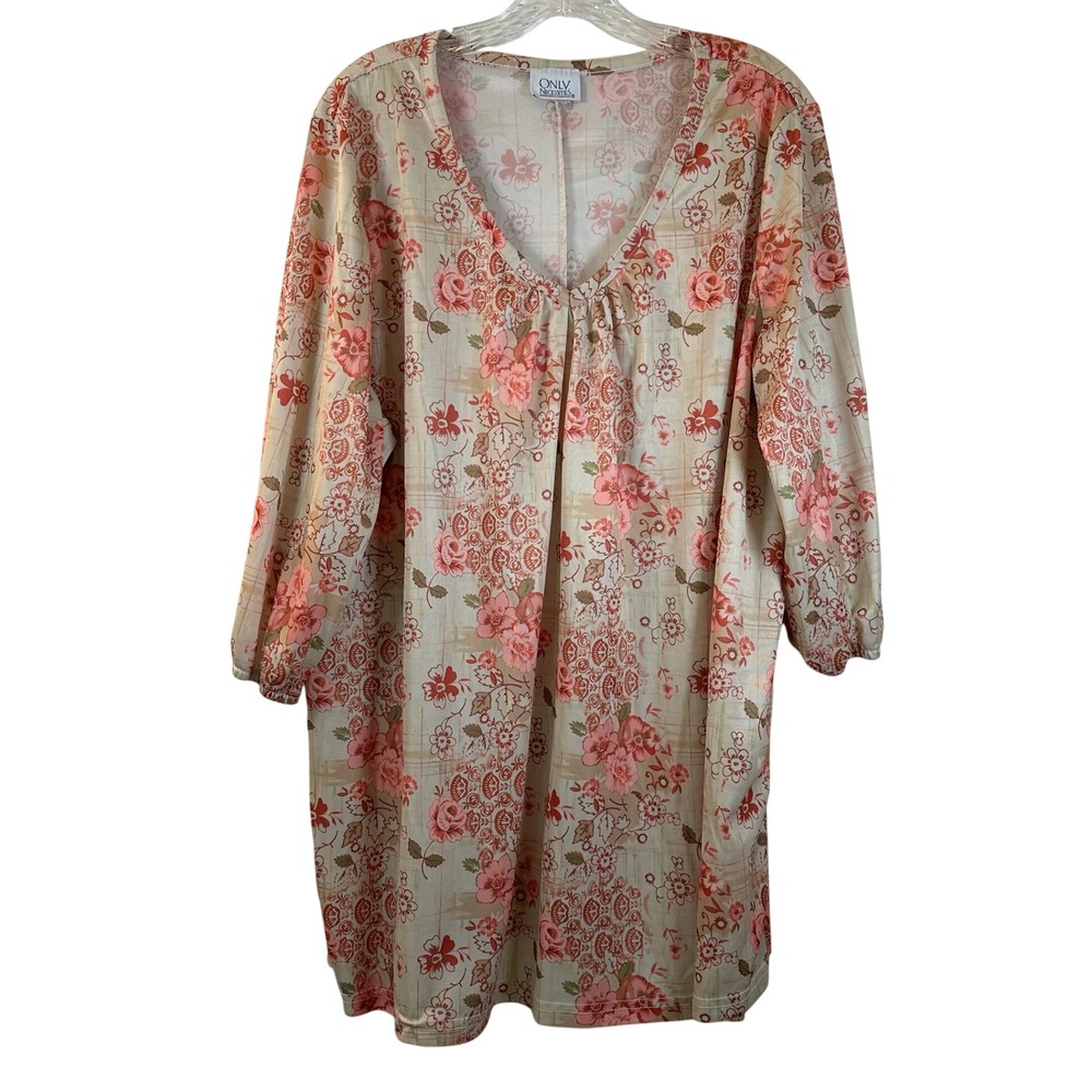 Only Necessities Womens 1X Floral V-Neck Tunic Blouse Pink Orange Made in USA